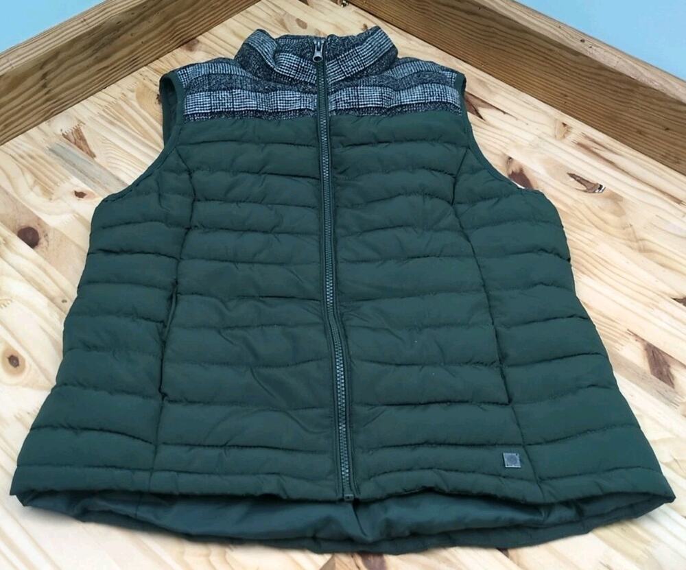 Ruff Hewn Quilted Vest Women's Size M Green w/ Plaid Full Zip Insulated